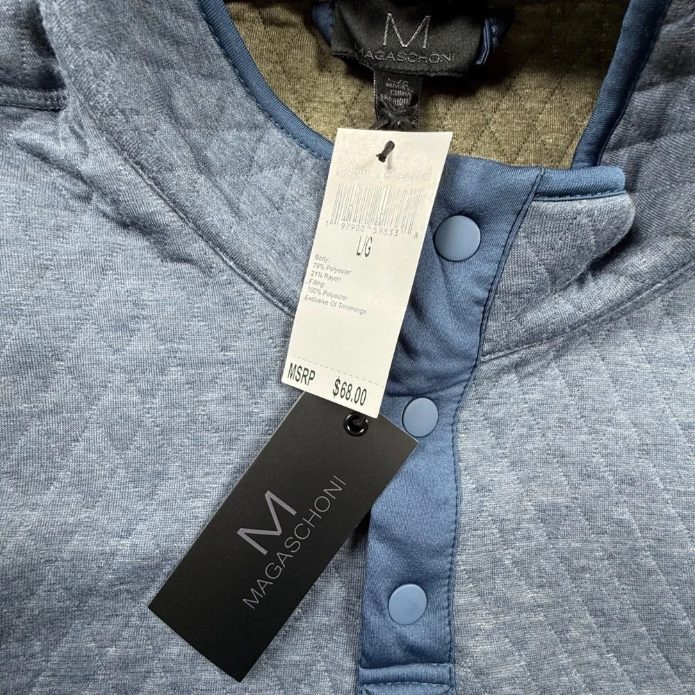 Magaschoni Mens Large‎ Blue Quilted Snap Pullover Mock Neck Sweater NWT